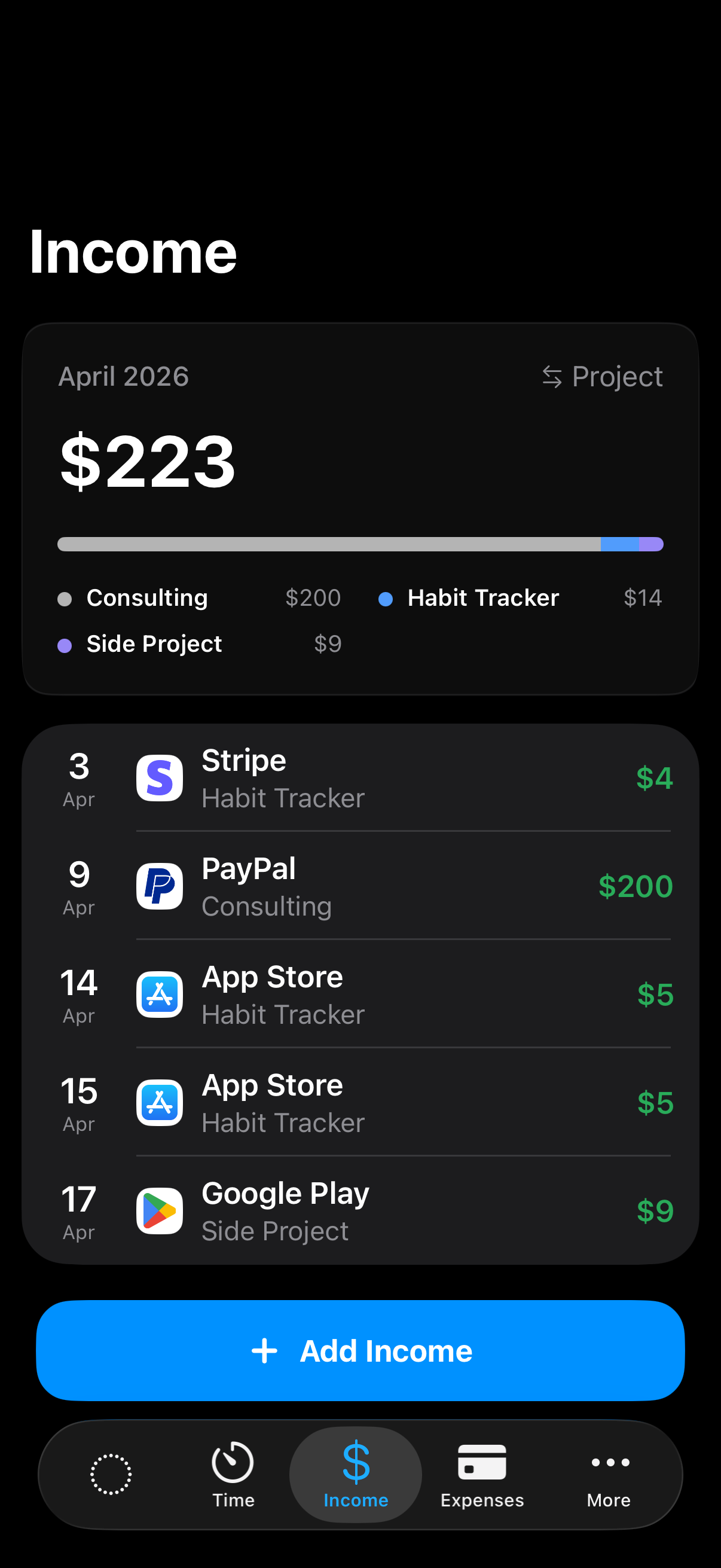 Income view showing monthly income and recent entries in the app