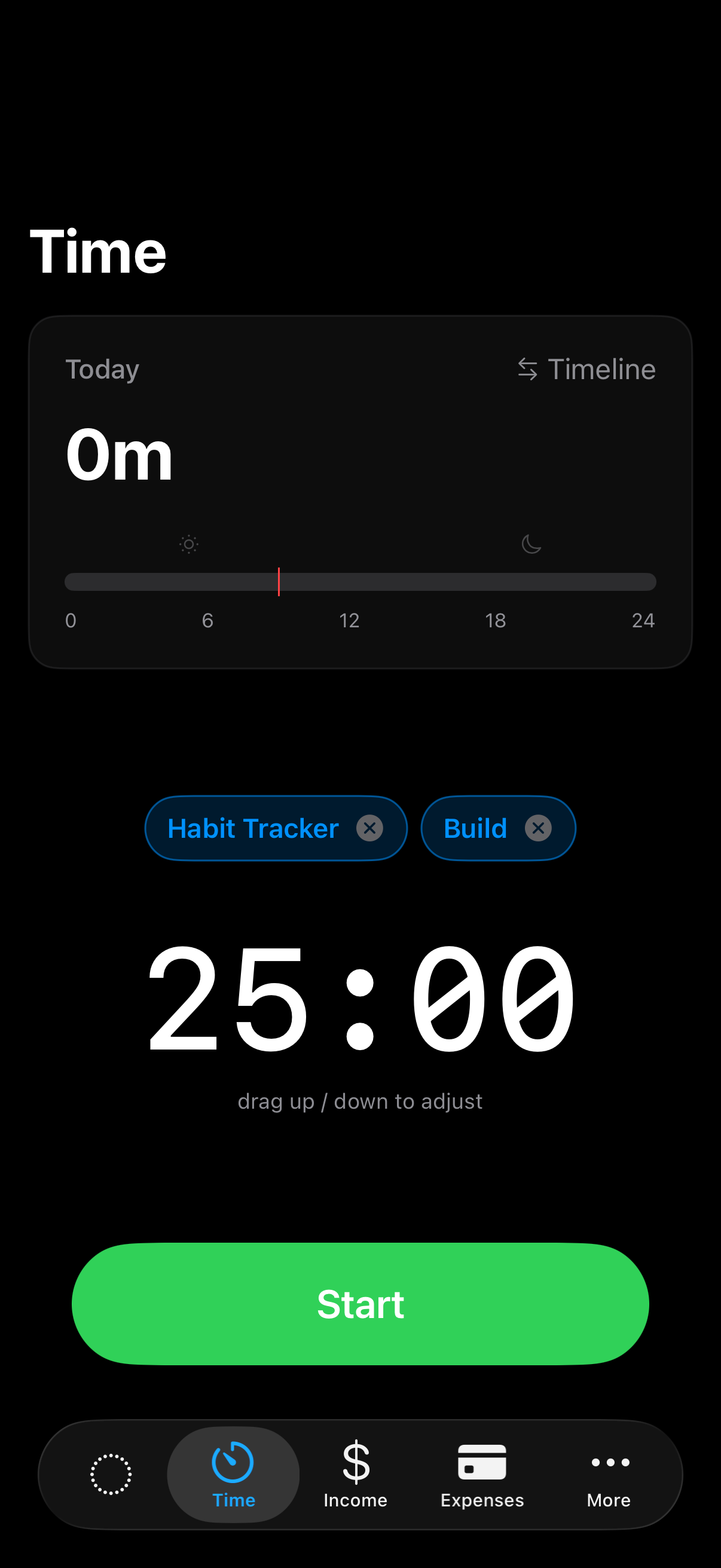 Time tracking view with a large timer and time entries